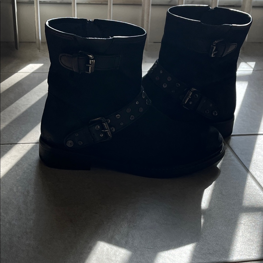 Vintage Foundry Co. “Miriam” Black Suede Buckle Ankle Moto / Combat Boots